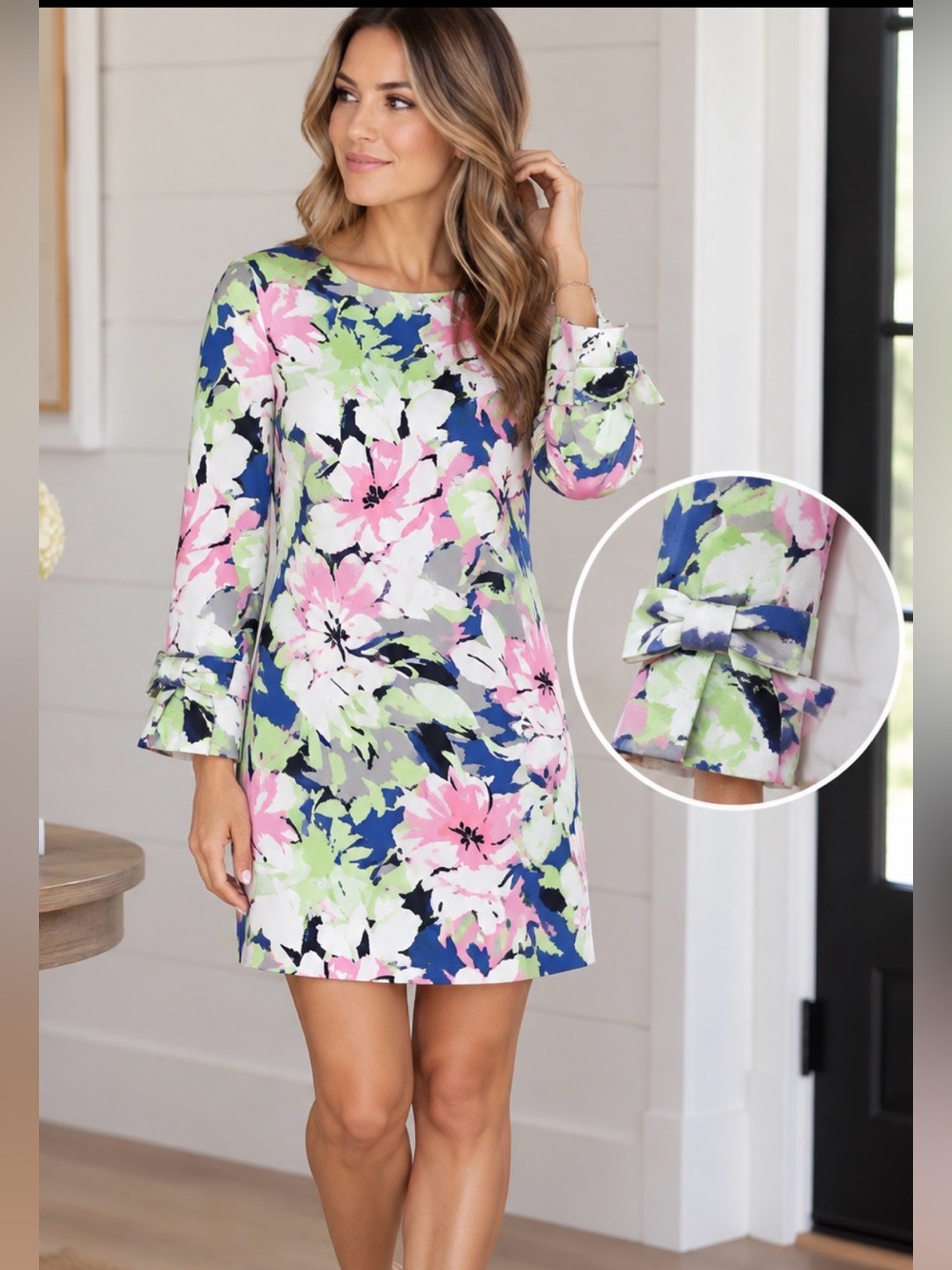 Nine West 8 Floral Tie-Sleeve watercolor Kentucky derby shift midi dresd